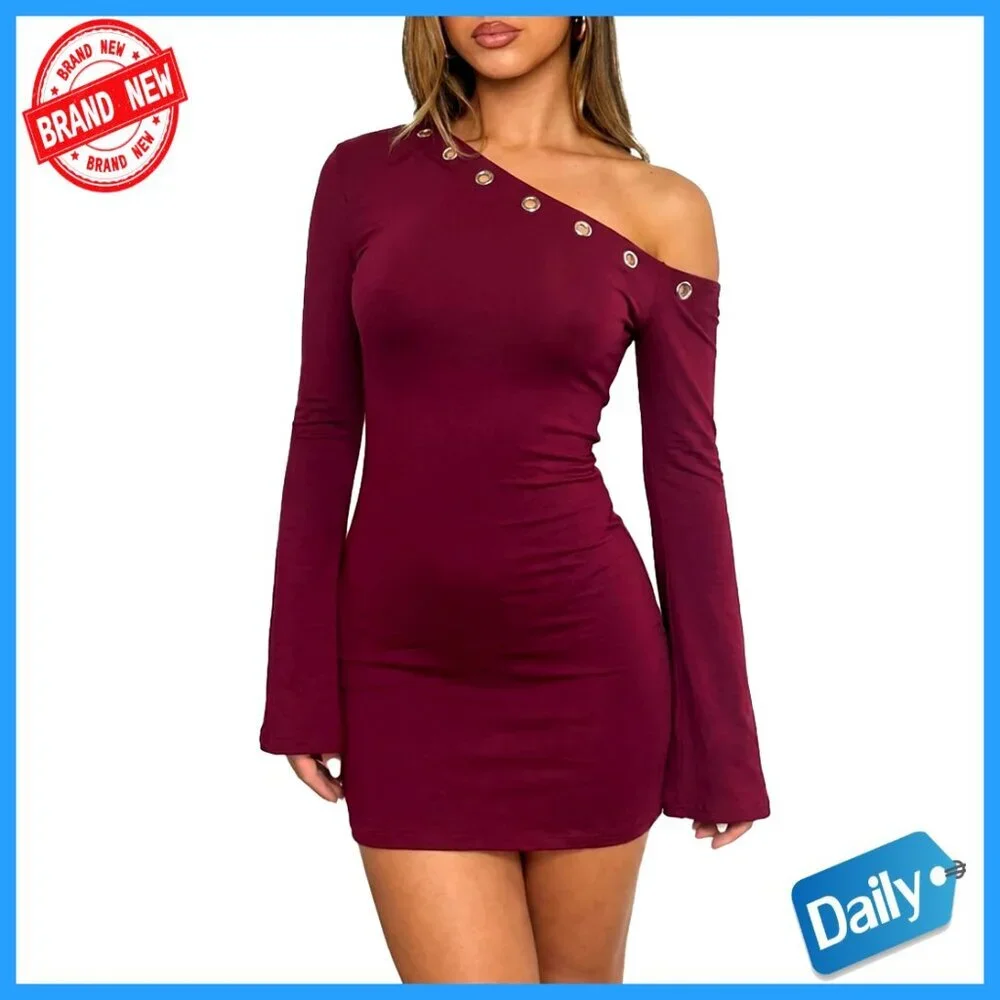Off Shoulder Long Flared Sleeve Mini Bodycon Dress for Party Club